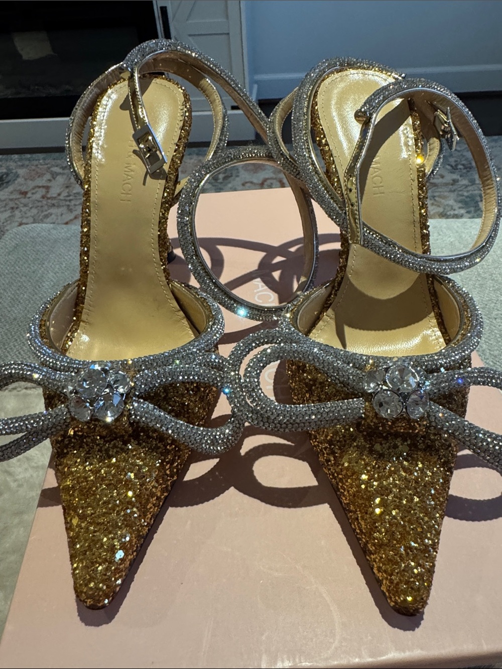 MACH & MACH Gold Glitter Crystal Bow Pointed-Toe Heels